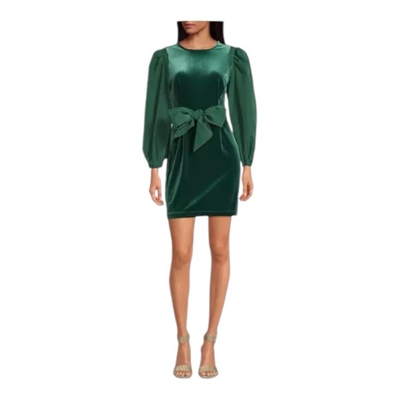 LDT Emerald Green Puff Parachute Sleeve Velvet A-Line Length Dress NEW Size 12 - Picture 1 of 14
